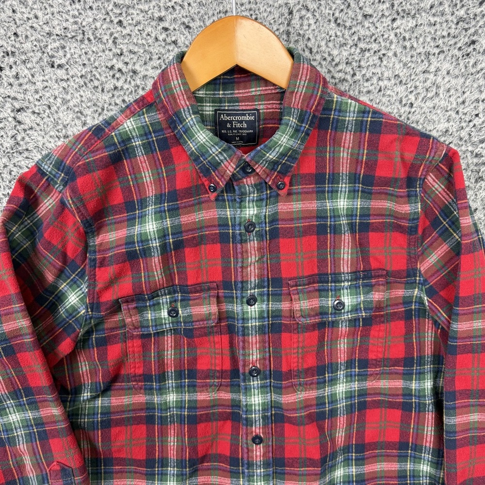Abercrombie & Fitch Shirt Mens Medium Red Plaid Flannel Button Up Long Sleeve - Picture 6 of 14